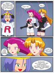 blonde_hair blue_eyes breasts cassidy comic crown dialogue earrings expressionless femsub green_eyes hypnotic_accessory james jessie jewelry jimryu large_breasts lipstick long_hair maledom multiple_girls multiple_subs nintendo pink_eyes pink_hair pokemon pokemon_(anime) ponytail purple_hair short_hair simple_background surprised team_rocket tech_control text very_long_hair