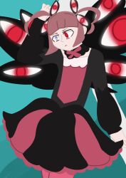  alternate_costume bandai_namco brown_hair clothed corruption digimon digimon_beatbreak dress eye_color_change femsub fusion gleaminggarmore glowing_eyes green_background haruko_yamada heterochromia multiple_eyes possession purple_eyes red_eyes ring_eyes shademon short_hair simple_background 