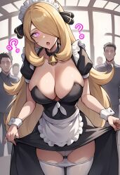  absurdres ai_art bell_collar blonde_hair blush cleavage collar confused cynthia drool esccc_(generator) eye_roll eyelashes glowing glowing_eyes hair_covering_one_eye hair_ornament large_breasts maid maid_headdress nintendo open_mouth panties pantyhose pink_eyes pokemon pokemon_diamond_pearl_and_platinum preview skirt skirt_lift spiral_eyes thighs tongue tongue_out very_long_hair 