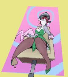  ahegao chair cleavage dress dryer_chair earrings eye_roll fangs female_only femsub furry grey_skin happy_trance high_heels knees_together lipstick long_nails makeup nail_polish necklace open_mouth opossum_girl original pink_eyes red_hair red_lipstick restrained robin_(rusheloc) rusheloc simple_background sitting solo spiral_background stepfordization tongue tongue_out 