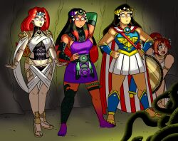  barefoot black_hair columbia_(maggotmike) dazed female_only femsub gorgon holly_the_dolly_(hollydolly) long_hair maggotmike monster original pulse_(carolina-hypno) red_hair shield statue svetta_(svettak92) toga 