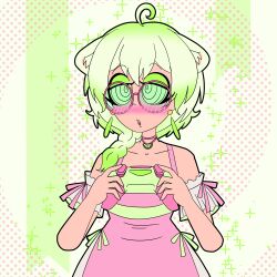  ahoge animal_ears arm_warmers blush braid choker collarbone dress earrings eyebrows_visible_through_hair eyeshadow female_only femsub game_controller green_eyes green_hair laimu_(limealicious) long_skirt necklace open_mouth solo sparkle spiral_background virtual_youtuber zombi62 