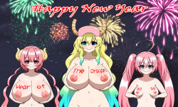  absurdres ahoge blue_eyes body_writing bottomless breast_grab breasts cleavage collarbone dragon_girl empty_eyes female_only femsub fireworks happy_trance hat heterochromia holding_breasts horns huge_breasts iruru_(miss_kobayashi&#039;s_dragon_maid) long_hair milim_nava miss_kobayashi&#039;s_dragon_maid multiple_girls multiple_subs navel new_years nipples nude petite pink_eyes pink_hair quetzalcoatl_(maidragon) small_breasts text that_time_i_got_reincarnated_as_a_slime topless twintails very_long_hair yensh 