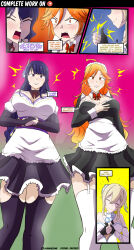 absurdres ahoge alternate_costume angry aware bare_shoulders blonde_hair blush body_control breasts closed_eyes clothed comic crossed_arms dialogue dollification dress empty_eyes english_text female_only femdom femsub finger_snap genshin_impact happy_trance humiliation ina-izumi large_breasts latina lumine_(genshin_impact) maid maid_headdress mavuika_(genshin_impact) open_mouth orange_eyes purple_eyes raiden_shogun_(genshin_impact) text thighhighs thighs transformation very_long_hair