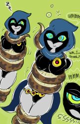 breasts coils cyl4s dc_comics dialogue disney drool femsub happy_trance hood hypnotic_eyes kaa kaa_eyes large_breasts maledom raven snake super_hero surprised teen_titans text the_jungle_book