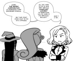 bare_shoulders black_hair cleavage cleavage_cutout crossed_arms earrings female_only fur_coat hat humor large_breasts long_hair majinsfw meta mina_morgan_(somebodyiusedtohypno) mistress_velai_(darknessneon/penken) original ponytail simple_background text veronica_nightingale_(majinsfw) white_background witch_hat