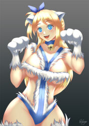 bell_collar blonde_hair blue_eyes bow breasts cleavage collar corruption fairy_tail fangs femsub happy_trance haryudanto large_breasts long_hair looking_at_viewer lucy_heartfilia side_ponytail  slit_pupils solo transformation