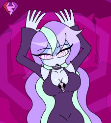  aged_up alternate_costume androgynous_dom arm_warmers arms_above_head bare_shoulders bed blue_skin choker cleavage collarbone expressionless eyebrows_visible_through_hair eyelashes femsub heavy_eyelids hourglass_figure hypnoscream large_breasts lying monster_girl monster_high multicolored_hair open_mouth pillow pink_background pov_dom purple_eyes shiny_hair shiny_skin simple_background skull solo spiral_background spiralwash_eyes twyla_boogeyman very_long_hair wide_hips 