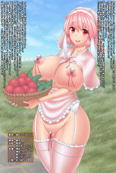  absurdres altered_common_sense ass breasts cleavage collarbone empty_eyes erect_nipples female_only femsub haikawa happy_trance huge_breasts navel open_mouth original pink_eyes pink_hair short_hair smile solo text thighhighs translation_request unaware 