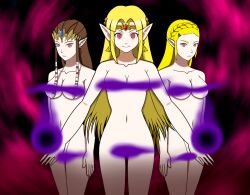  a_link_between_worlds blonde_hair breasts breath_of_the_wild censored corruption crown earrings elf_ears expressionless femsub happy_trance jewelry large_breasts multiple_girls multiple_persona nintendo princess princess_zelda red_eyes sendy1992 small_breasts the_legend_of_zelda twilight_princess 