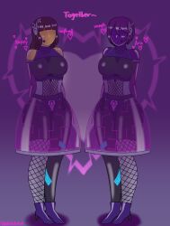  bare_shoulders bodysuit boots brown_hair dazed drone drool face_mask female_only femsub fishnets flower flower_in_hair gloves happy_trance headphones heart large_breasts long_hair mask microphone multiple_girls multiple_subs opera_gloves original purple_background purple_hair rubber see-through short_hair signature simple_background skirt standing tattoo tech_control usakiki 