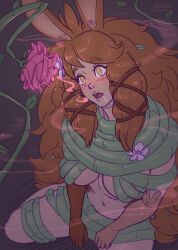  aphrodisiac blush bondage brown_hair bunny_ears bunny_girl coils dazed drool empty_eyes expressionless flower hypnotic_flower hypnotic_plant vines zelamir 