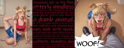  accidental_hypnosis ai_art bangs blonde_hair blue_eyes collar comic dog_girl dog_pose gym_uniform leash pet_play sculptortusk tagme text transformation 