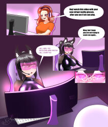  before_and_after breasts comic dialogue dr._denza empty_eyes female_only glasses hypnotic_accessory kronobas28 latex original simple_background synthia_(shinylatex) tagme tech_control text video_game visor 