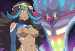  ai_art black_hair blue_eyes blue_hair empty_eyes exposed_chest expressionless eyeshadow glowing_eyes goggles hellsing002_(generator) large_breasts lipstick long_hair mega_malamar nintendo nipples pokemon pokemon_(anime) shelly_(pokemon) yellow_eyes 