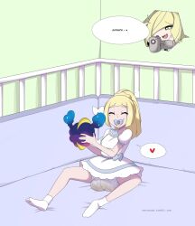 age_regression bed blonde_hair camera diaper dress femdom femsub happy_trance heart lillie_(pokemon) lusamine merunyaa mother_and_daughter nebby nintendo pacifier pokemon pokemon_sun_and_moon ponytail scat text