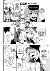  blush bow_tie breasts comic dazed dialogue empty_eyes femsub greyscale hat humor large_breasts magical_sempai magician maledom open_mouth right_to_left school_uniform sempai_(magical_sempai) smile suit sweat text tie 
