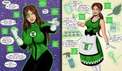 angry apron before_and_after blush breasts brown_hair cleaning cleavage dc_comics dialogue domestication dress earrings female_only femsub glowing glowing_eyes green_eyes green_lantern green_lantern_(series) happy_trance housewife jessica_cruz jewelry large_breasts long_hair necklace polmanning ponytail smile stepfordization super_hero text western