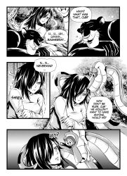  bagheera black_hair coils comic dialogue disney hair_covering_one_eye kaa kaa_eyes long_hair monochrome nilanandita original panther shy sleeping snake speech_bubble sweater text the_jungle_book 