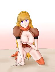 blonde_hair bottomless breasts breasts_outside changer empty_eyes female_only femsub happy_trance kneeling open_clothes purple_eyes rwby socks yang_xiao_long