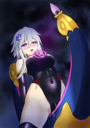 alternate_costume bangs bare_shoulders blush breasts control_indicator corruption crotch_rub empty_eyes enemy_conversion female_only femsub gloves hachina hair_ornament hypnotic_fire kanpan_ame large_breasts leotard masturbation multicolored_eyes open_mouth opera_gloves original pussy_juice solo symbol tears thighhighs trap white_hair