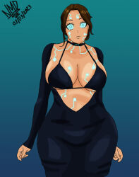  blue_eyes bra breasts brown_hair cleavage collar collarbone dress exposed_chest expressionless female_only femsub glowing_eyes gradient_background huge_breasts nominddetected open_clothes original short_hair signature simple_background skirt solo standing standing_at_attention tech_control underwear watermark 
