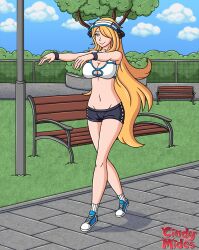  blonde_hair breasts cleavage cmides cynthia female_only femsub hair_covering_one_eye happy_trance hat large_breasts navel nintendo pokemon pokemon_diamond_pearl_and_platinum short_shorts shorts smile solo spiral_eyes symbol_in_eyes very_long_hair watermark wrist_band zombie_walk 