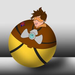 brown_hair female_only femsub goggles happy_trance inanimate_object inflation overwatch short_hair simple_background solo spiral_eyes symbol symbol_in_eyes tracer transformation western zombifier