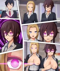  absurdres black_hair blonde_hair blue_eyes breasts breasts_outside brown_eyes brown_hair business_suit comic expressionless femsub glasses glowing_eyes maledom multiple_girls multiple_subs nipples office office_lady original pink_eyes remote_control robot_reporter robotic_trance tech_control tie undressing 