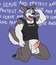 bluebeagle bottomless collar dog_boy erection furry kaa_eyes kneeling male_only malesub mantra non-human_feet open_mouth penis police_uniform saluting solo spiral_eyes symbol_in_eyes tail
