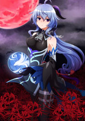 alternate_color_scheme blue_hair breasts corruption cowbell dress empty_eyes expressionless female_only femsub flower ganyu_(genshin_impact) genshin_impact gloves horns japanese_text leggings long_hair looking_at_viewer opera_gloves orb plum_bamboo612 purple_eyes solo spiral_eyes text translation_request