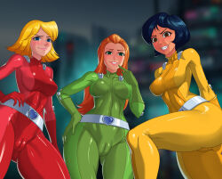  alex belt black_hair blonde_hair blue_eyes blush bodysuit breasts brown_eyes cameltoe clover corruption doggos_doujins empty_eyes evil_smile female_only finger_to_mouth gloves green_eyes hand_on_hip large_hips looking_at_viewer multiple_girls multiple_subs orange_hair red_hair sam short_hair smile thighs tight_clothing totally_spies 