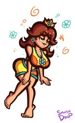  barefoot bent_over brown_hair cleavage crown feet femsub freckles happy_trance heavy_eyelids large_breasts nintendo princess princess_daisy smushdrop spiral super_mario_bros. swimsuit 