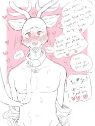 antlers beastars blush collar deer_boy dialogue drool femdom furry heart leash looking_at_viewer louis_(beastars) malesub monochrome muted_lavender open_mouth spiral_eyes sweat symbol_in_eyes tagme text topless undressing