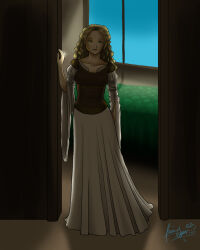  blonde_hair breasts dress empty_eyes eowyn female_only femsub green_eyes happy_trance hypnotic_accessory large_breasts long_hair long_skirt shadowednavi solo the_lord_of_the_rings 