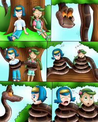 blue_hair comic disney green_hair jerrydestrtoyer kaa lana_(pokemon) loli mallow_(pokemon) multiple_girls nintendo pokemon sleeping snake the_jungle_book