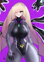 blonde_hair bodysuit crotch_tattoo female_only femsub green_eyes hair_covering_one_eye happy_trance inou large_breasts living_costume lusamine milf nintendo pokemon pokemon_sun_and_moon purple_background signature simple_background smile solo standing straight-cut_bangs symbiote tattoo thick_thighs very_long_hair wide_hips 