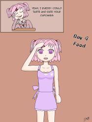 apron doki_doki_literature_club empty_eyes hypnovember natsuki_(doki_doki_literature_club) pink_hair saluting text the_new_o-girl