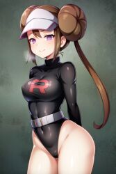  ai_art alternate_costume arms_behind_back belt breath brown_hair cameltoe empty_eyes erect_nipples erect_nipples_under_clothes female_only femsub hair_buns happy_trance hat leotard looking_at_viewer nintendo nipples pink_eyes pokemon pokemon_black_and_white_2 rosa_(pokemon) rubber seiha_(generator) smile solo stable_diffusion_(ai) standing team_rocket thick_thighs twintails 