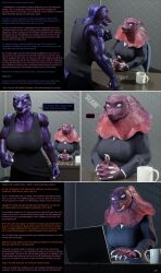  3d assertive_sub aware bethany_(thalarynth) betrayal caption claws comic crocodile_girl dialogue eileen_cestra_(thalarynth) enemy_conversion furry laptop lizard_girl muscle_girl office original scalie speech_bubble tank_top text thalarynth_(manipper) 