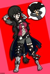 arms_above_head bandai_namco black_hair breasts cleavage clothed con_(kyozerozero) femsub happy_trance kyozerozero looking_at_viewer lying maledom midriff navel original possession simple_background smile speech_bubble tales_of_(series) tales_of_berseria velvet_crowe very_long_hair yellow_eyes