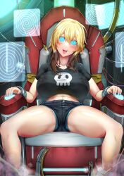  absurdres ahegao bangs bare_legs black_hair blonde_hair blush cigarcat erect_nipples_under_clothes erika_(er-ikaa) eye_roll female_only femsub happy_trance huge_breasts hypnotic_screen jean_shorts large_breasts legs midriff multicolored_hair navel navel_piercing open_mouth original restrained shorts sitting solo spiral_eyes spread_legs tongue 