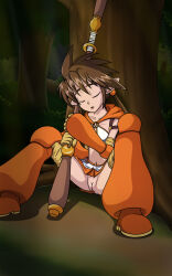  absurdres bikini_armor bottomless brown_hair closed_eyes crossover disney elf elf_ears forest nowa_(queens_blade) outdoors pussy queens_blade renaissanceofchaos sitting sleeping staff the_jungle_book trees twintails weapon 