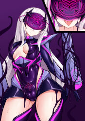 absurdres armor breasts cameltoe cleavage cleavage_cutout clothed clothed_exposure collar corruption fate/grand_order fate_(series) femsub latex mask mastersprouts melusine_(fate) multiple_views navel petite pussy_juice shoulder_pads smile solo thighs tongue tongue_out very_long_hair white_hair 