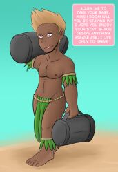  barefoot blonde_hair dark_skin dialogue feet grass_skirt happy_trance male_only malesub mr.h open_mouth original pink_eyes pink_hibiscus_resort smile symbol_in_eyes text topless 