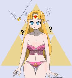 a_link_between_worlds absurdres bangs bare_shoulders blonde_hair blue_eyes bra breasts circlet cleavage coin confused crown drool earrings elf_ears expressionless eyebrows_visible_through_hair female_only femsub jewelry large_breasts large_hips leaning_forward lingerie long_hair nail_polish navel nintendo open_mouth pale_skin panties pendulum princess_zelda signature simple_background sobergin solo spiral_eyes standing surprised text the_legend_of_zelda thick_thighs thigh_gap thighs 