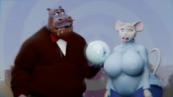  3d animal_ears beard blender breasts clothed drool femsub furry harry_hippo_(hypnopotamus) hippo_boy huge_breasts malesub mesmer_mouse_(hypnopotamus) mouse_girl mustache orb orb_of_confusion original outdoors spongebob_squarepants_(series) suit sweater tail thehypnopotamus trees 