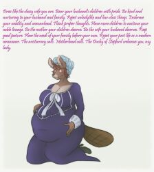 beaver_girl breasts caption caption_only doctorpluto_(manipper) femsub furry kneeling large_breasts manip mantra pregnant solo stepfordization text