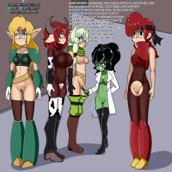  bare_shoulders belt black_hair blonde_hair blue_eyes bodysuit boots bottomless braid breasts clothed_exposure collarbone cow_girl_(goblin_slayer) crotch_cutout dialogue dungeon_of_naheulbeuk elf elf_(dungeon_of_naheulbeuk) elf_ears erect_nipples erect_nipples_under_clothes expressionless eyebrows_visible_through_hair female_only femdom femsub gauntlets gloves goblin_girl goblin_slayer green_eyes green_hair green_skin headband high_elf_archer_(goblin_slayer) high_heels horns idpet knee-high_boots lab_coat large_breasts light_skin long_hair multiple_girls multiple_subs navel nude original pantyhose pink_eyes pubic_hair purple_eyes pussy ranma_1/2 ranma_saotome red_hair scarf short_hair shoulder_pads smile smug standing standing_at_attention text theresa_(sonrio) thigh_boots thighhighs topless vibrator 