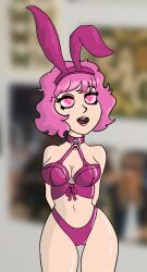 absurdres arms_behind_back avabluecat bare_legs breasts bunny_ears bunny_girl cameltoe cleavage collar fake_animal_ears female_only femsub heart heart_eyes lipstick navel open_mouth pink_eyes pink_hair pink_lipstick ramona_flowers scott_pilgrim_(series) short_hair solo standing symbol_in_eyes tagme